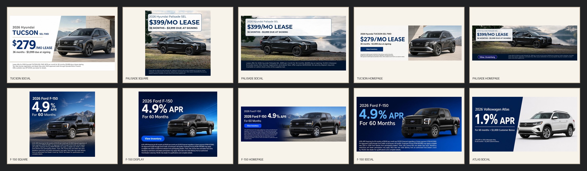 Collage of ten selected SlideThru creative examples across Hyundai, Ford, and Volkswagen offers